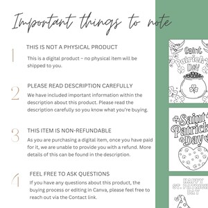 May include: A digital product listing with text that reads "Important things to note." The text includes information about the product being digital, to read the description, and that it is non-refundable. There are also Saint Patrick's Day coloring pages.