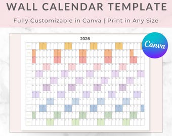 2026 Wall Calendar Template | Editable Year-at-a-Glance Planner | Canva | MRR