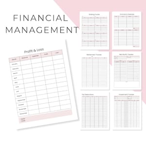May include: A collection of financial management templates, including a profit and loss sheet, sinking funds, income and expenses, retirement tracker, net worth tracker, tax deductions, and investment tracker. The sheets have a pink border and are labeled with the words "FINANCIAL MANAGEMENT".