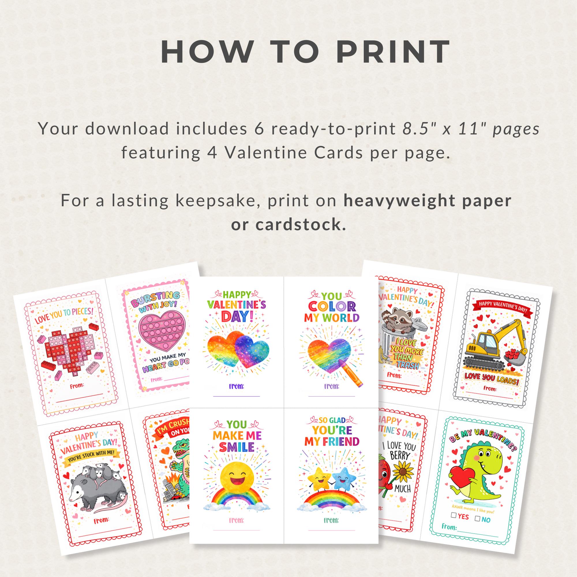 24 Printable Valentine Cards for Kids | Classroom Card Bundle | Non ...