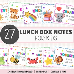 Op de afbeelding: Een verzameling van 27 lunchboxbriefjes voor kinderen met kleurrijke geschulpte randen en illustraties van een tijger, ster, rugzak, olifant, kikker, bij, krab en leeuw met motiverende teksten zoals You are UNIQUE en You are CAPABLE.