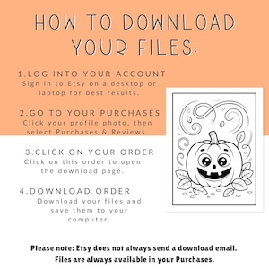 May include: An instructional graphic titled HOW TO DOWNLOAD YOUR FILES with four numbered steps for accessing digital purchases. To the right, a black and white line art illustration features a smiling pumpkin surrounded by swirling leaves.