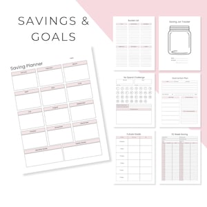May include: A collection of pink and white printable planner pages for financial planning. The pages include a savings planner, bucket list, saving jar tracker, no spend challenge, goal action plan, future goals, and 52-week saving tracker.
