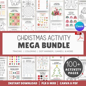 Puede incluir: Un mega paquete de actividades navideñas con más de 100 páginas imprimibles que incluyen caligrafía, colorear, hojas de puntos y juegos. La colección incluye varias fichas con temática festiva como tarjetas de memoria, I spy y sopas de letras.