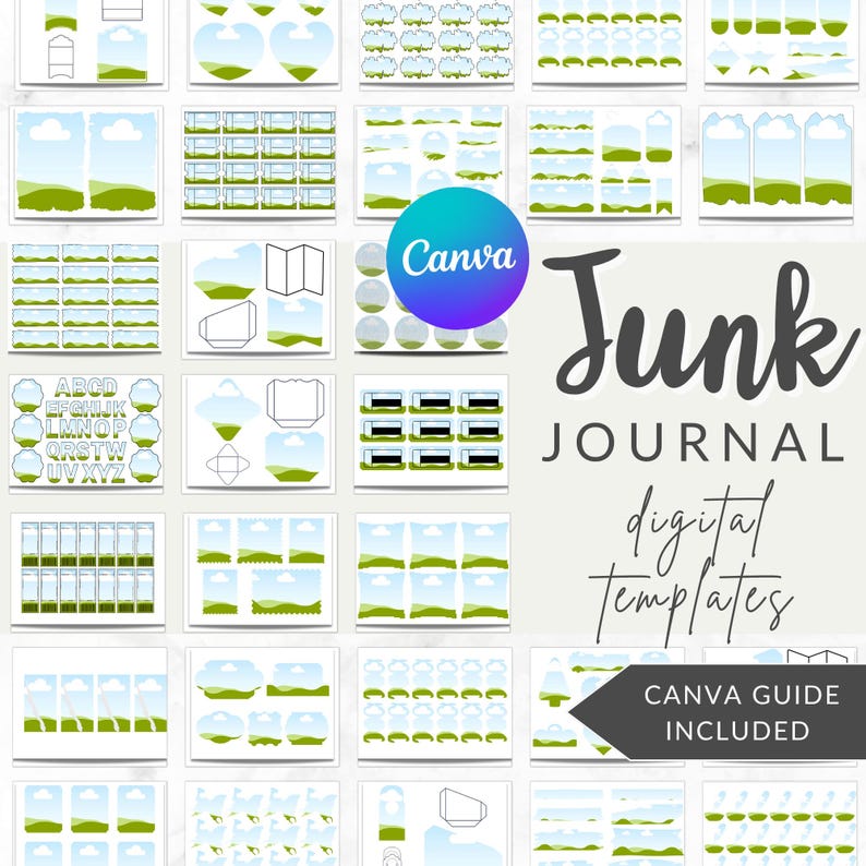 Puede incluir: Una colecci&oacute;n de plantillas digitales para diarios basura, con varios elementos de paisaje y dise&ntilde;o. La imagen incluye el logotipo de Canva y el texto "Junk Journal digital templates". Se incluye una gu&iacute;a de Canva.