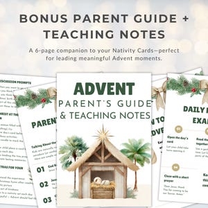 May include: A set of Advent Parent's Guide and Teaching Notes cards. The cover features a watercolor illustration of a nativity scene with a star and palm trees. Text includes "Advent Parent's Guide & Teaching Notes".