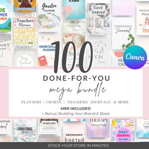 100種類のデジタルテンプレート（プランナー、ジャーナル、トラッカー、Canva MRRバンドル、ボーナスガイド付き）