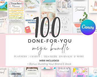 100 Done-For-You Digital Templates | Planners, Journals, Trackers, Canva MRR Bundle + Bonus Guide