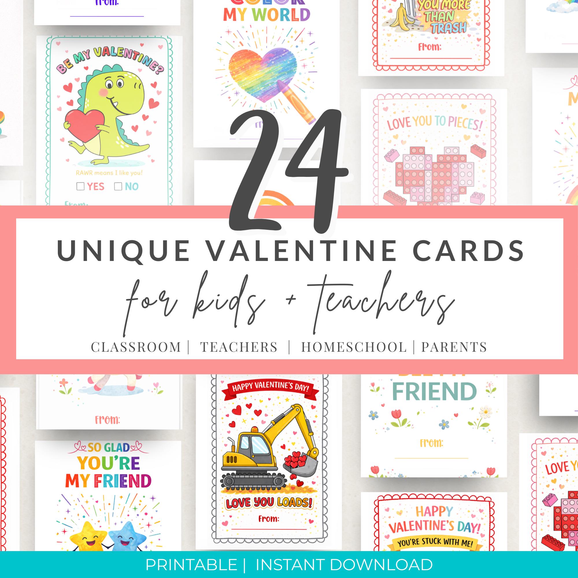 24 Printable Valentine Cards for Kids | Classroom Card Bundle | Non ...