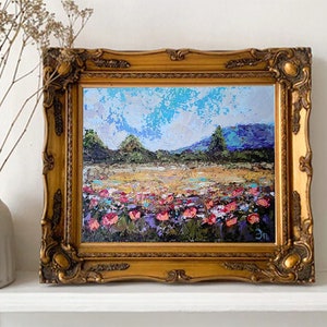 Toscana pintura a óleo paisagem arte neutra prado arte da parede campo de flores pintura papoilas no campo arte floweroriginalart