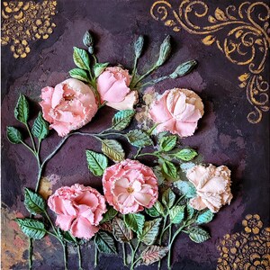 Roses sculpture peinture fleur 3D art original fleurs roses toile peinture texturé rose oeuvre 12 x 12' par FlowerOriginalArt