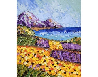 Sunflower Painting Lavender Field Original Art Impasto Painting Italy Wall Art Tuscany landscape Painting 7 x 5'' by FlowerOriginalArt