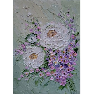 Peonías Pintura Nomeolvides Arte Original Impasto Pintura Flores Rosas Pared Arte Peonía Pintura 5 x 7" pulgadas por FlowerOriginalArt