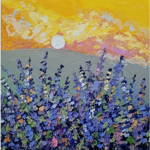 Pintura de lavanda Flor Arte original Puesta de sol Pintura Prado Pintura Impasto Pintura Paisaje Pintura al óleo 6 x 6'' por FlowerOriginalArt