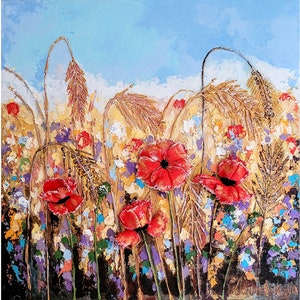 Poppy Painting Tuscany Original Art Landscape Oil Painting Sculptural Painting Textured Flower Wall Art 12x12 by FlowerOriginalArt