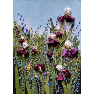 Iris mauves, peinture originale iris sculpturale, peinture iris vintage, peinture 3D sculpturale florale 12 x 16 po. par FlowerOriginalArt