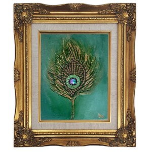 Pintura de pavo real, arte original de pájaro, pintura de pavo real verde, arte de pluma de pavo real, obra de arte de oro verde, pintura empastada de FlowerOriginalArt