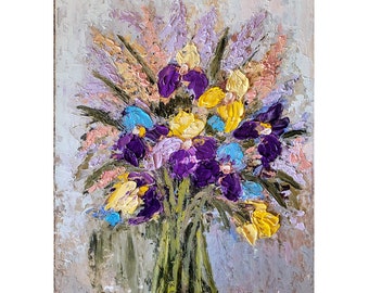 Iris Painting Flower Original Art Impasto Painting Purple Irises Original Painting Iris Impasto Wall Art 8 by 10" by FlowerOriginalArt