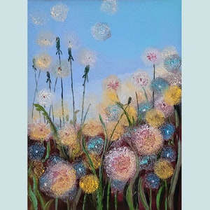 Diente de León pintura flor silvestre arte original prado pintura al óleo diente de León paisaje pintura pequeña obra de arte por FlowerOriginalArt