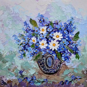 Pintura de buquê de flores azuis, arte original, pintura de miosótis, arte de parede floral, pintura de flores em impasto, flores azuis originais por 8 x 8''
