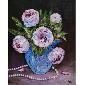Pintura de peonías, arte original de flores, peonías, pintura al óleo, arte mural de flores rosas de FlowerOriginalArt