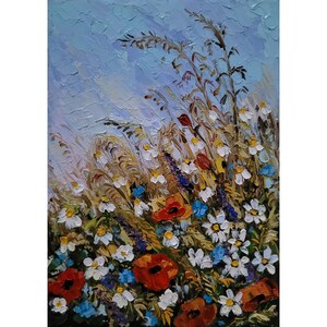 Pintura de papoulas Margarida Arte original Arte floral de parede Pintura de impasto de flores Pintura de paisagem de flores Pequena arte 5 x 7 '' por FlowerOriginalArt