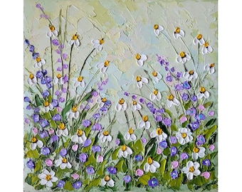 Daisy Painting Floral Original Art Flower Impasto Oil Painting Landscape Small Artwork Wildflowers Painting by FlowerOriginalArt