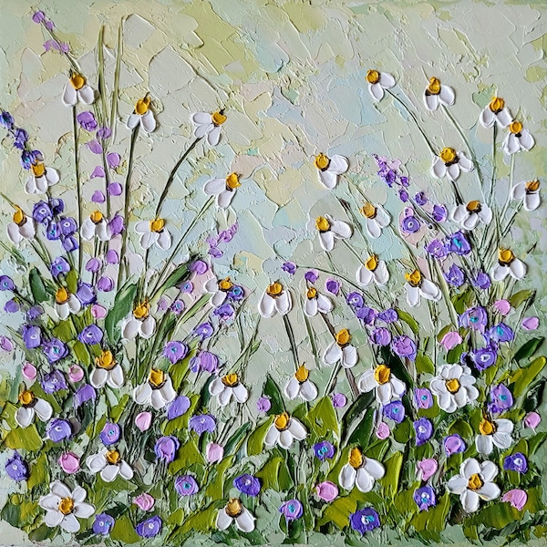 Daisy Painting Floral Original Art Flower Impasto Oil Painting Landscape Small Artwork Wildflowers Painting by FlowerOriginalArt