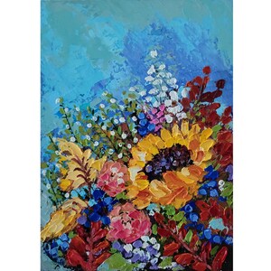 Pintura de girasoles, arte original de flores, pintura de flores empastadas, pintura de paisaje floral otoñal, 5 x 7 '' de FlowerOriginalArt