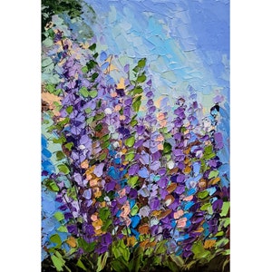 Pintura de lavanda, arte original de flores, campo de lavanda, arte mural, pintura de pradera, pintura empastada violeta, 5 x 7'' de FlowerOriginalArt