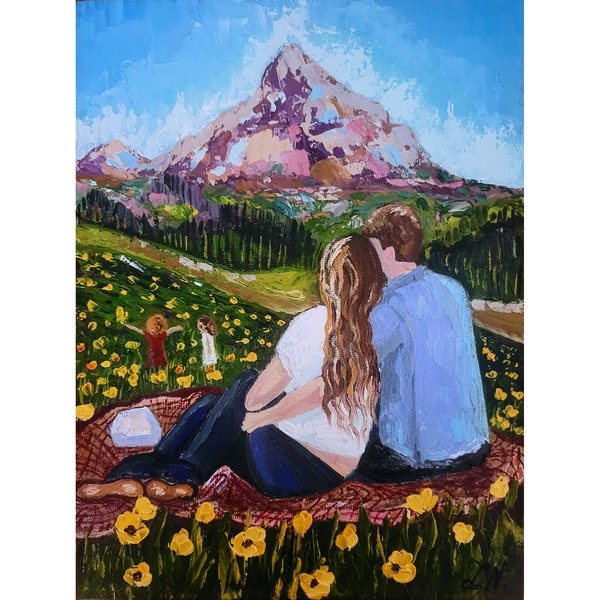 Lovers Painting Loving Couple Original Art Man Woman Romantic Painting, Loving Couple Art Hugs, Meadow Lovers Side by Side, Anniversary Art