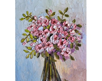 Roses Painting Flower Original Art Impasto Oil Painting Pink Roses Wall Art Bouquet Painting 8" x 10" inch by FlowerOriginalArt