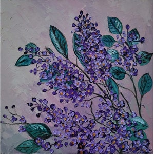 Pintura original floral de color lila, empastada, al óleo, pequeña obra de arte, rama de lila, 8 x 8, elegancia en flor de FlowerOriginalArt