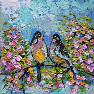 Pintura de carbonero, pájaros pequeños, arte original, animales, arte mural, arte de aves, pintura de flores empastadas, arte primaveral en flor, 6 x 6 pulgadas, de FlowerOriginalArt