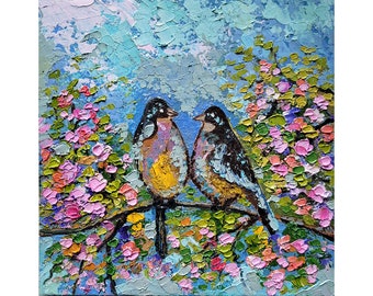 Chickadee Painting Small Birds Original Art Animals Wall Art Bird Art Flower Impasto Painting Blossom Spring Art 6 x 6''by FlowerOriginalArt