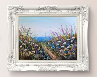 Flower Fields Oil Painting Original Art Canvas Floral Landscape Sea And Flowers Summer Meadow Painting by FlowerOriginalArt
