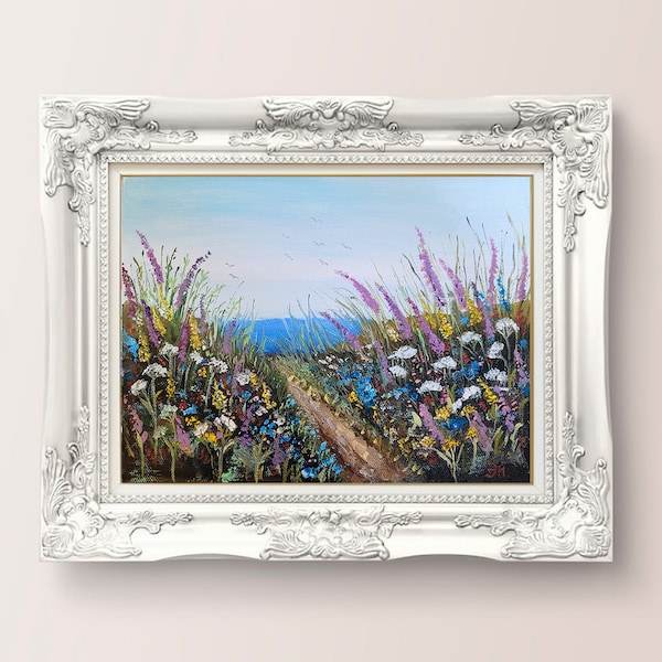 Flower Fields Oil Painting Original Art Canvas Floral Landscape Sea And Flowers Summer Meadow Painting by FlowerOriginalArt