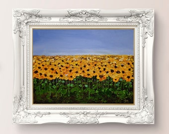 « Peinture originale de Toscane, tournesols, toile murale, empâtement, peinture à l'huile, ferme impressionniste, paysage rural, tournesols » par FlowerOriginalArt