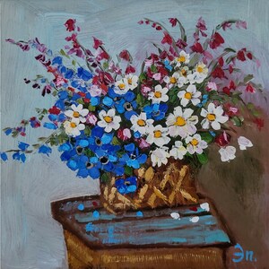 Pintura de flores, margaridas, arte original, flores em Karzin, pintura de margaridas e centáureas na cesta, arte 6 x 6'' por FlowerOriginalArt