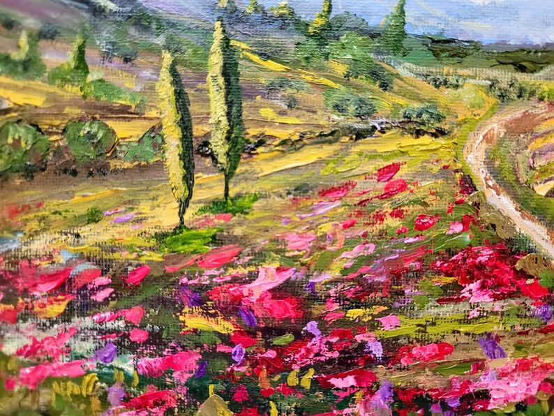 Italy Painting Tuscany Original Art Landscape With Poppies Painting Flower Wall Art Mediterranean landscape Art 12 by 8 by FlowerOriginalArt image 5