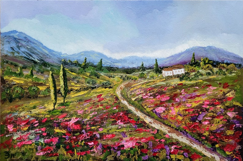 Italy Painting Tuscany Original Art Landscape With Poppies Painting Flower Wall Art Mediterranean landscape Art 12 by 8 by FlowerOriginalArt image 3