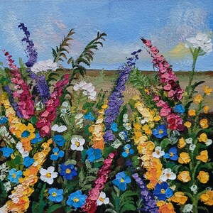 Pintura de pradera, arte floral original, pintura de flores silvestres, pintura de altramuces, pintura de empasto, obra de arte floral de 6 x 6 pulgadas de FlowerOriginalArt