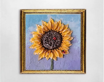 Sunflower Painting Floral Original Art Sculptural Painting Textured Yellow Flower Artwork 8 x 8 Vintage Sunflower Art  by FlowerOriginalArt