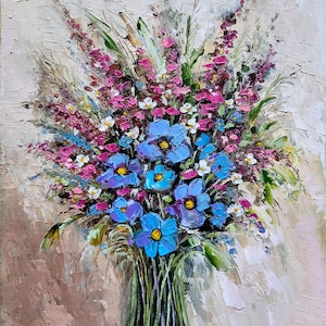Pintura de flores azuis, arte original, flores silvestres, empastamento, pintura a óleo, buquê, pintura de flores silvestres, 8 x 10'', por FlowerOriginalArt