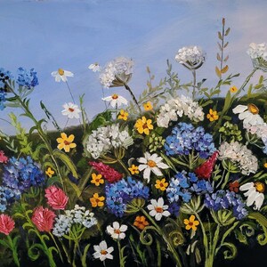 Pintura de pradera, arte floral original, pintura de paisaje floral, obra de arte de margaritas, pintura empastada, 30 x 20 cm, de FlowerOriginalArt