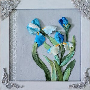 Pintura de iris azul, arte floral original, pintura escultural, arte de pared con textura de flores, pintura enmarcada de iris Art 8.5x8.5 de FlowerOriginalArt