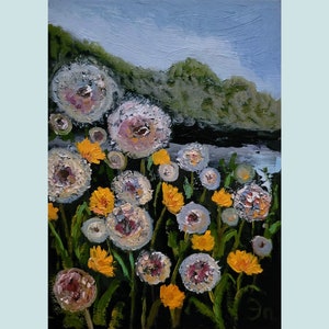 Pintura de dente-de-leão Paisagem Arte original Pintura a óleo de prado Arte de parede de dente-de-leão Pintura de flores silvestres Pequena arte por FlowerOriginalArt