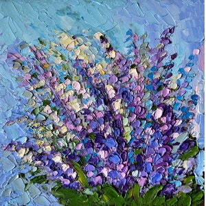 Pintura de lavanda, flor, impasto, arte original, campo de lavanda, arte de parede, pintura violeta, impasto, pintura violeta, 6 x 6'' por FlowerOriginalArt