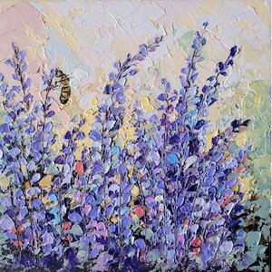 Pintura de lavanda, flor, arte original, prado, pintura, impasto, pintura, abelha, pintura, paisagem, óleo, pintura, por, floweroriginalart