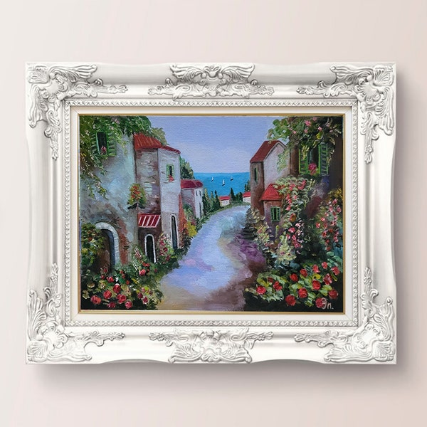 Italie, peinture, art original, art mural, rue, art mural, paysage marin, peinture, paysage méditerranéen, art, 12 x 8, par FlowerOriginalArt